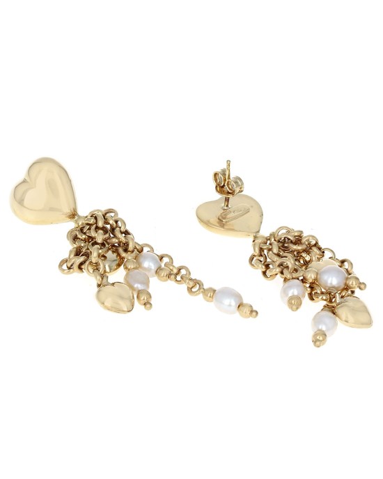Pearl and Gold Heart Chain Dangle Earrings